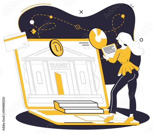Savings account. A woman interacts with a large laptop displaying a bank building, symbolizing digital banking. Ideal for online banking, savings, financial technology, digital transactions