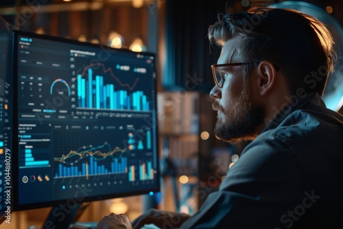 A man in glasses looks at the screen of a computer displaying data charts.