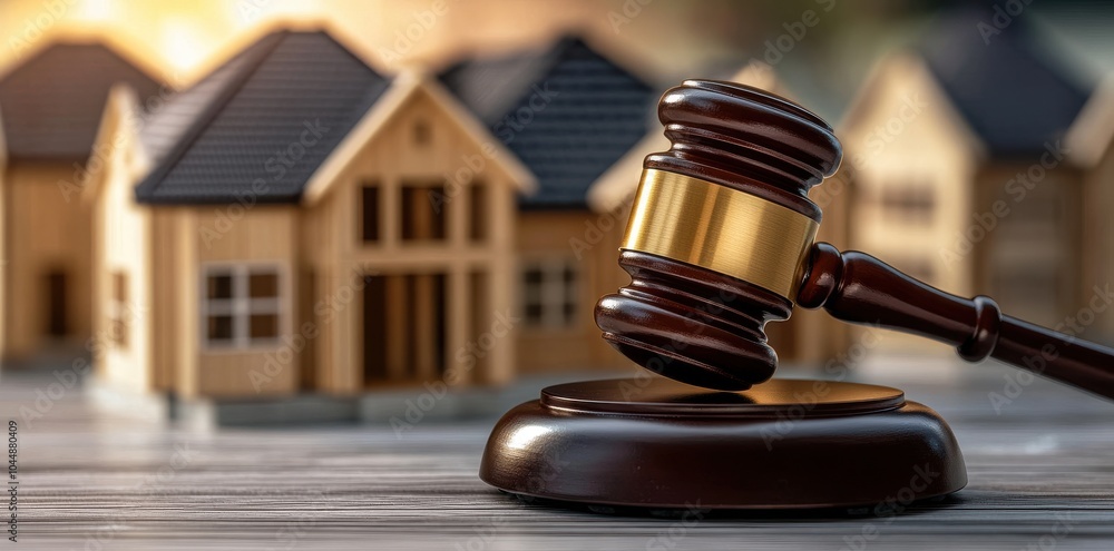 Judges gavel with houses in background, real estate law concept Judges gavel with houses in background, real estate law concept
