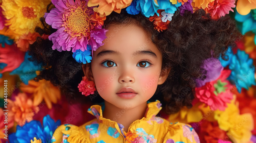 young girl with curly hair surrounded by vibrant flowers, showcasing joyful expression. colorful floral backdrop enhances her playful and cheerful demeanor young girl with curly hair surrounded by vibrant flowers, showcasing joyful expression. colorful floral backdrop enhances her playful and cheerful demeanor