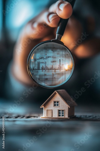 Magnifying glass focused on a miniature wooden house, symbolizing real estate analysis, investment opportunities, and meticulous attention to property details.