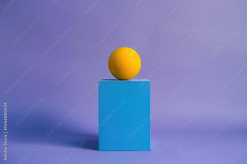 Minimalist plain purple background for product, a yellow sphere on top of a blue cube. Minimalist plain purple background for product, a yellow sphere on top of a blue cube.