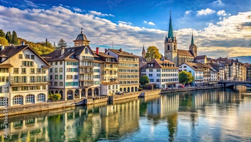 Cityscape of Zurich with picturesque old buildings along the river Limmat, Zurich, Switzerland, cityscape, old town