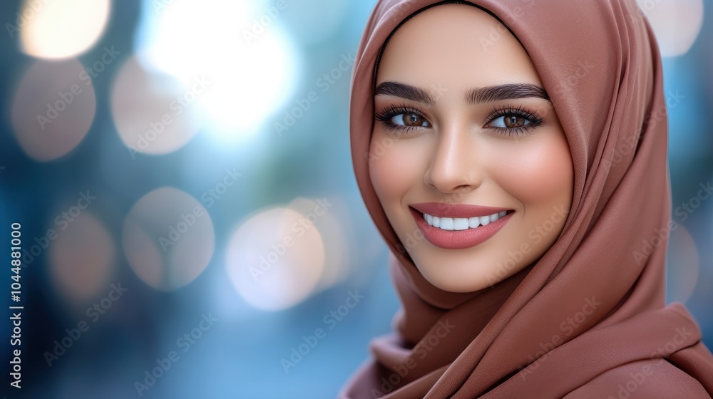 Smiling Muslim woman in hijab, portrait with copy space for text Smiling Muslim woman in hijab, portrait with copy space for text