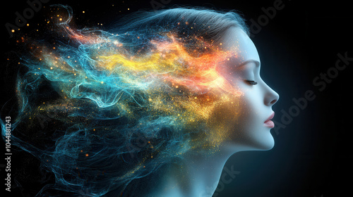 serene profile of woman with vibrant, colorful energy swirling around her head, symbolizing creativity and imagination. ethereal glow creates captivating visual experience