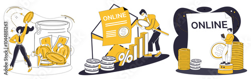 Savings account. People manage savings, growth charts, online forms and coin stacks. Ideal for financial planning, investment, digital banking, saving money and interest rates. Modern, flat vector