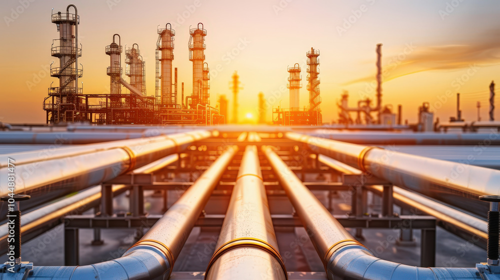Industrial pipelines stretch across foreground, leading towards vibrant sunset behind complex of oil and gas processing facilities. scene captures essence of energy production and industrial Industrial pipelines stretch across foreground, leading towards vibrant sunset behind complex of oil and gas processing facilities. scene captures essence of energy production and industrial