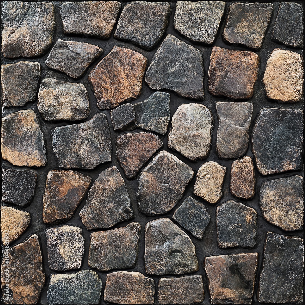 Natural stone wall pattern with irregular shapes, varied colors, and textures for background or design use. Natural stone wall pattern with irregular shapes, varied colors, and textures for background or design use.