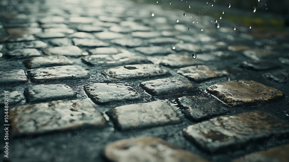 A high-resolution close-up of raindrops bouncing off an old stone pavement A high-resolution close-up of raindrops bouncing off an old stone pavement