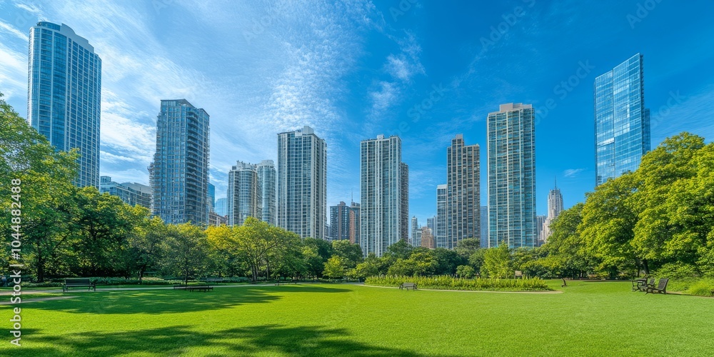 Obraz premium Urban park with expansive green lawns and towering skyscrapers under a sunny blue sky.