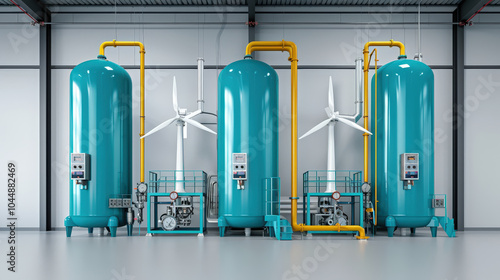 Wallpaper Mural Efficient green hydrogen production facility featuring large turquoise storage tanks and wind turbines. This modern setup emphasizes sustainable energy solutions and innovation Torontodigital.ca