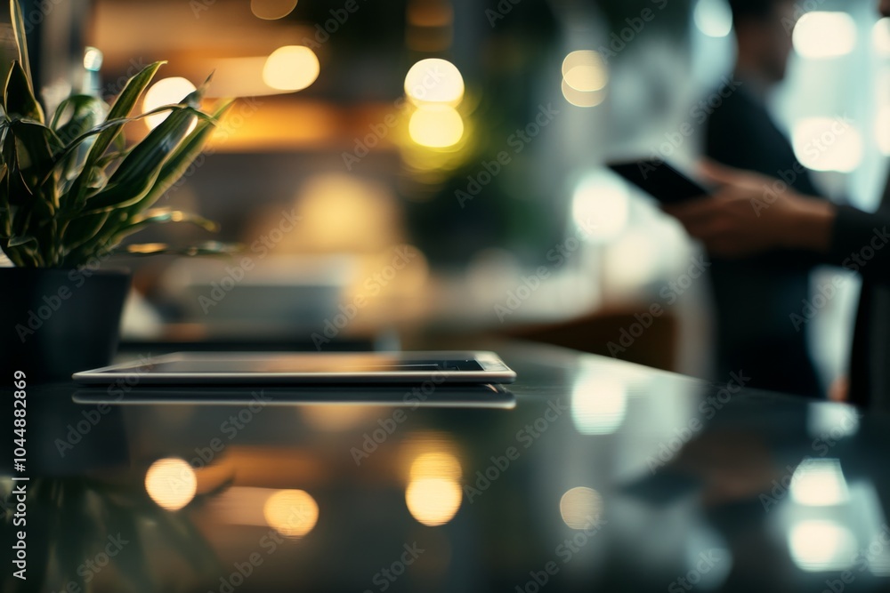 Modern office workspace with sleek tablet on glossy table, blurred professional in background using smartphone, and greenery adding a touch of nature. Modern office workspace with sleek tablet on glossy table, blurred professional in background using smartphone, and greenery adding a touch of nature.