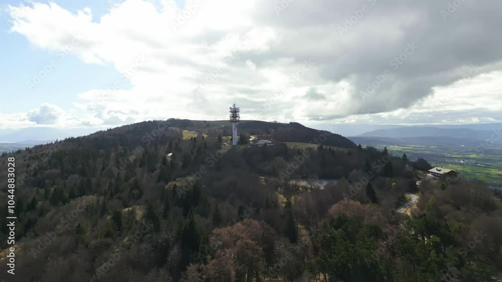 Dolly in drone shot at the top of Mount Saleve the balcony of Geneva in France Dolly in drone shot at the top of Mount Saleve the balcony of Geneva in France