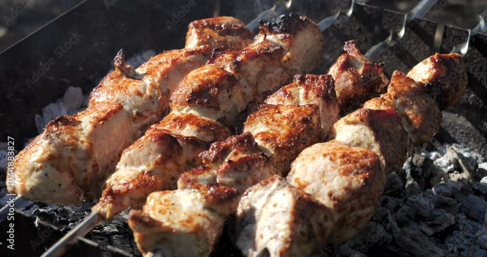 Grilled meat with smoke is fried on a barbecue with charcoal grills. Barbecue on skewers is prepared outdoors. Grilled meat with smoke is fried on a barbecue with charcoal grills. Barbecue on skewers is prepared outdoors.