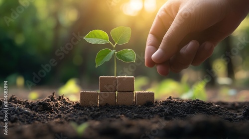 Wallpaper Mural A hand nurturing a small plant with blocks in the soil, symbolizing growth and sustainability. Torontodigital.ca