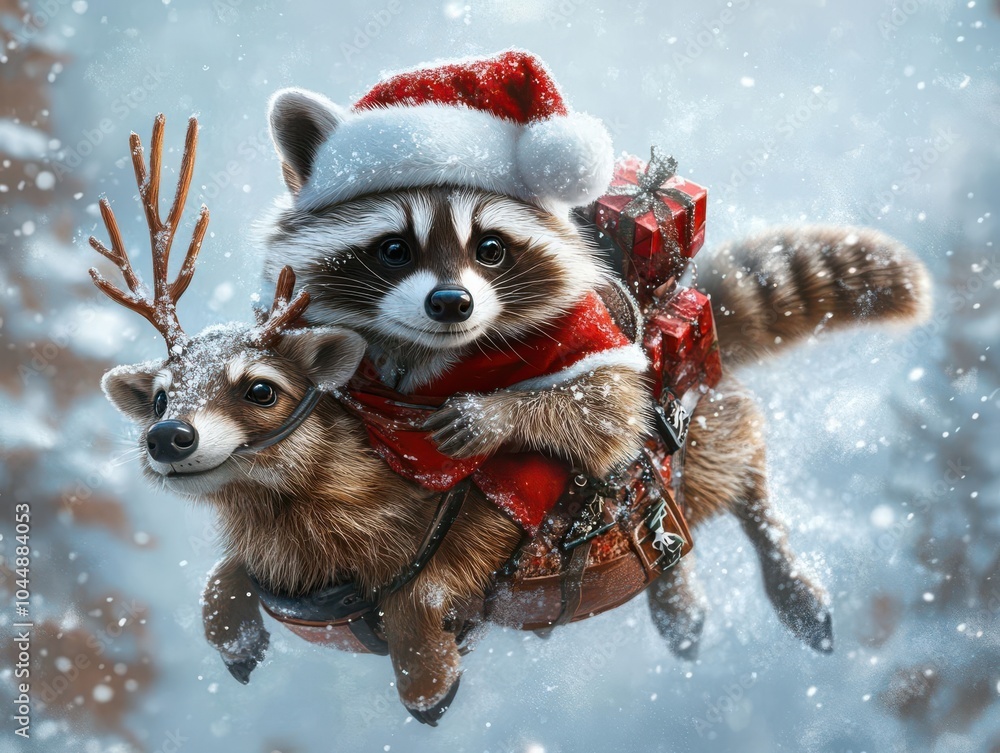 Design a high-angle view of a playful raccoon adorned in Santa outfit, traveling on a flying reindeer, against a snowy backdrop with intricate winter elements, in vibrant red hues Design a high-angle view of a playful raccoon adorned in Santa outfit, traveling on a flying reindeer, against a snowy backdrop with intricate winter elements, in vibrant red hues