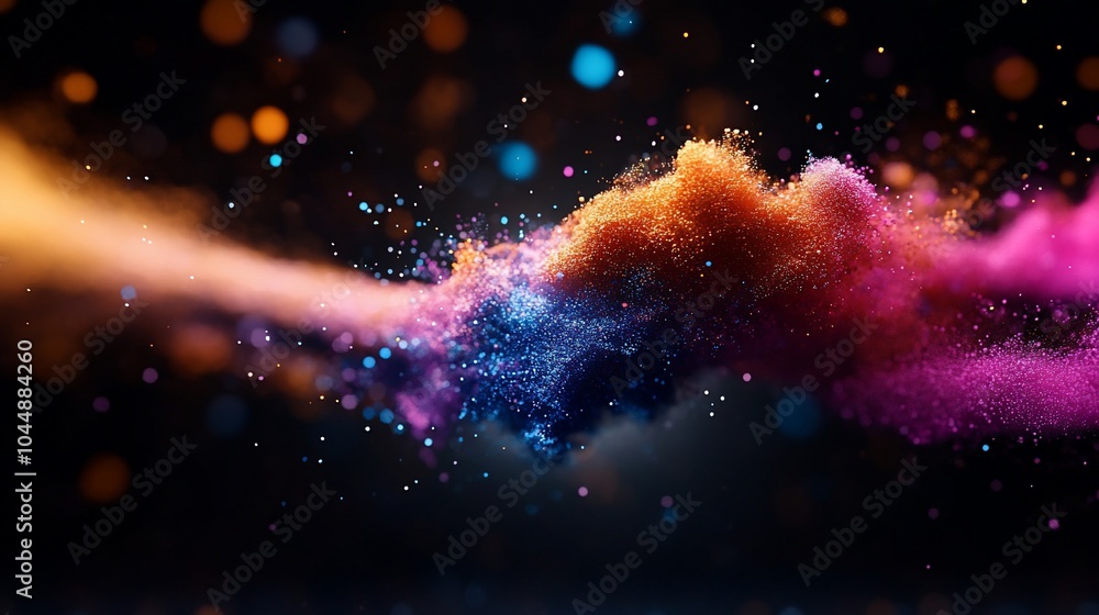 Naklejka premium Abstract colorful dust cloud with bokeh lights on black background.