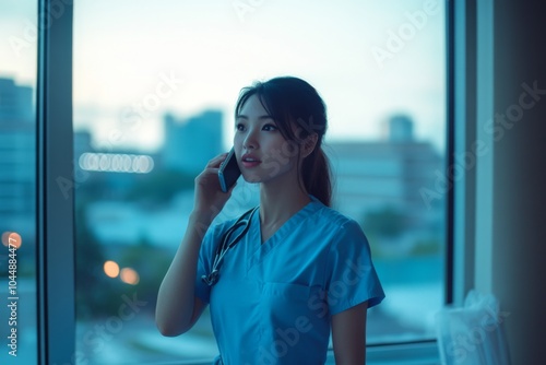 Nurse in scrubs talking on the phone by the hospital window during twilight  conveying a sense of communication and dedication to patient care.