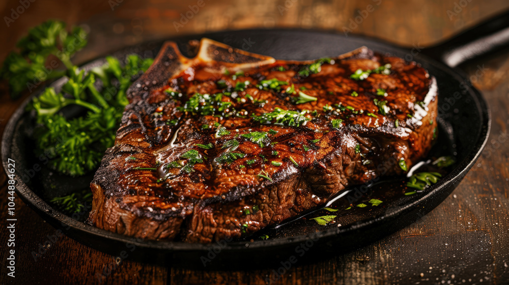 Delicious T bone steak served on hot iron skillet, garnished with fresh herbs, showcasing mouthwatering, juicy texture and rich flavors Delicious T bone steak served on hot iron skillet, garnished with fresh herbs, showcasing mouthwatering, juicy texture and rich flavors