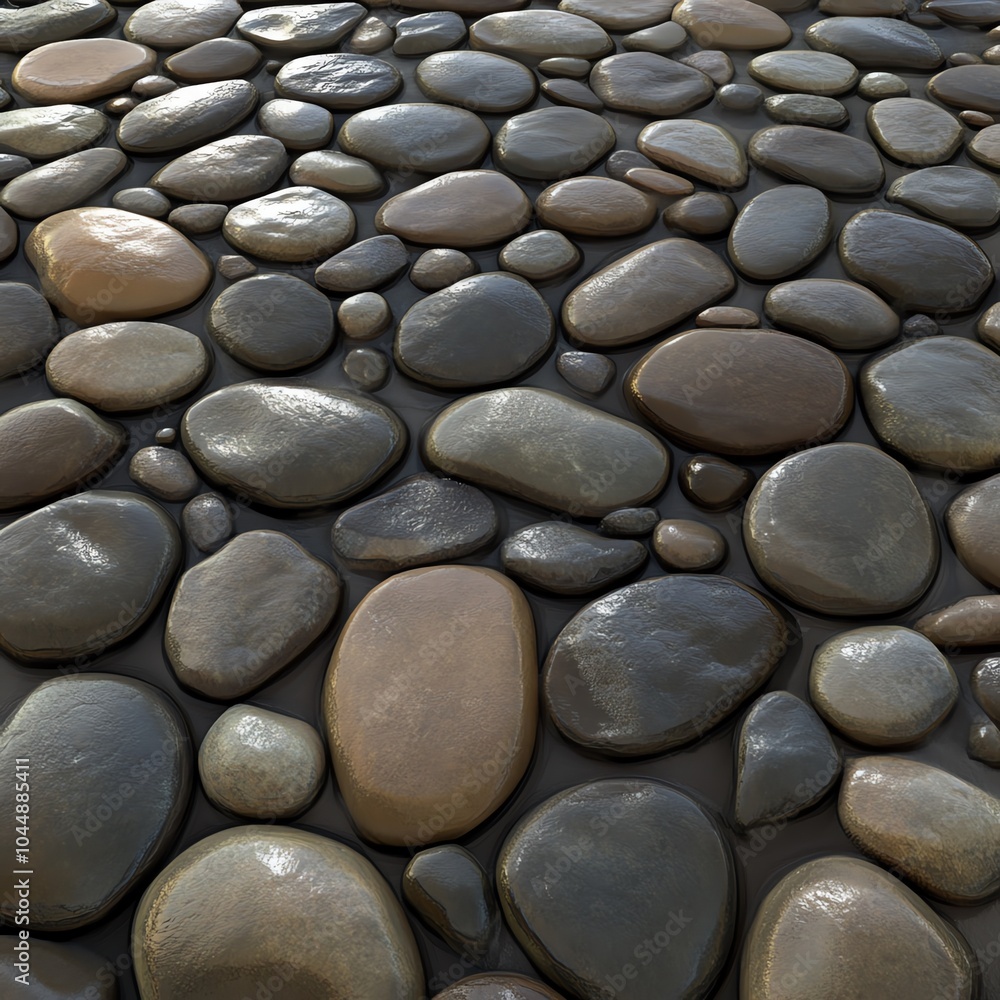 Smooth riverbed stones creating a textured pattern under natural light. Smooth riverbed stones creating a textured pattern under natural light.
