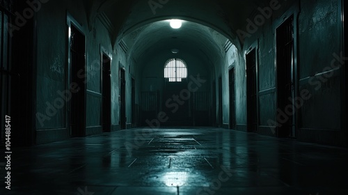 A dimly lit corridor with closed doors, evoking a sense of mystery and suspense.