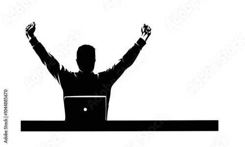 Business man stretches while working in the office. Back pain. Isolated vector silhouette, ink drawing