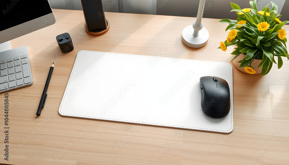 Mouse pad mockup. White mat on the table with props isolated with white highlights, png Mouse pad mockup. White mat on the table with props isolated with white highlights, png