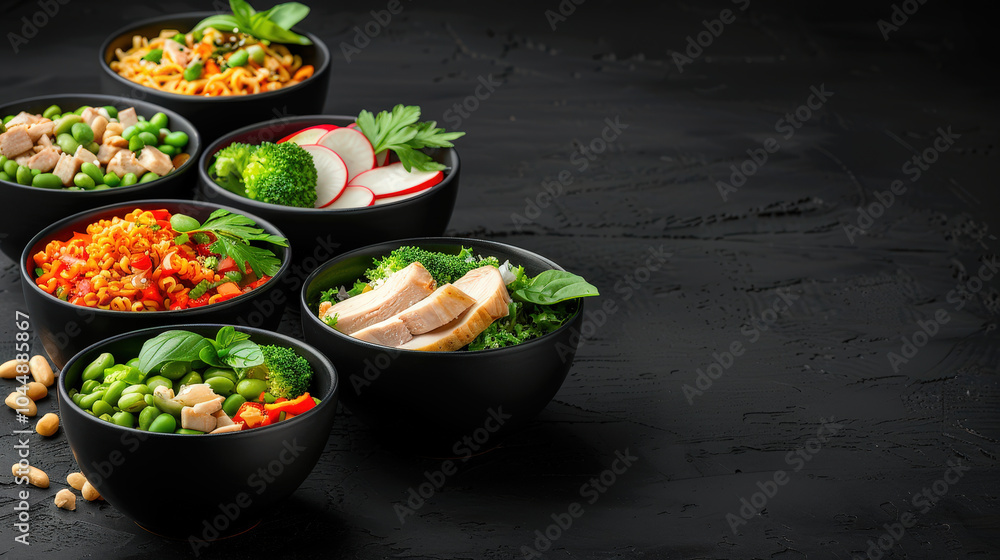 Delicious traditional noodle soup with chicken and vegetables served in black bowls, showcasing vibrant array of colors and textures. Perfect for comforting meal Delicious traditional noodle soup with chicken and vegetables served in black bowls, showcasing vibrant array of colors and textures. Perfect for comforting meal