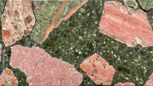 Polished unakite jasper surface macro photograph. Natural pink and green patterns in high resolution. Professional mineral photography showing detailed epidote and feldspar composition photo