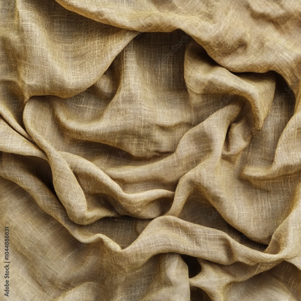 Abstract close-up of beige linen fabric with natural folds and texture.