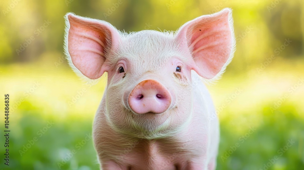 Cute Piglet Smiling in Green Pasture Cute Piglet Smiling in Green Pasture