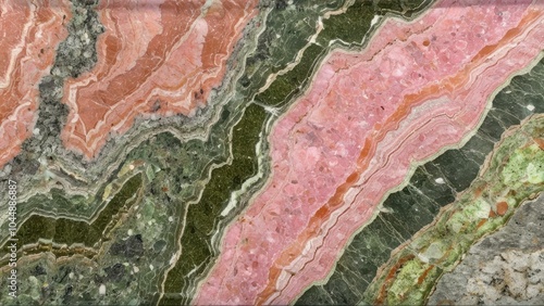 Polished unakite jasper surface macro photograph. Natural pink and green patterns in high resolution. Professional mineral photography showing detailed epidote and feldspar composition