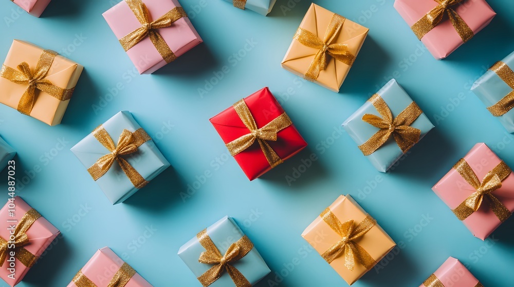 A collection of gift boxes in different colors on a teal background