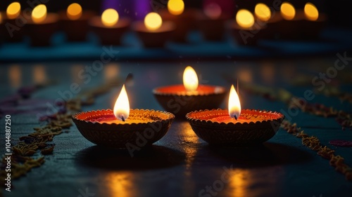 Burning candles in round holders for Diwali, the festival of lights