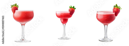 A set of three strawberry daiquiri cocktails isolated on a transparent background, perfect for summer celebrations and parties