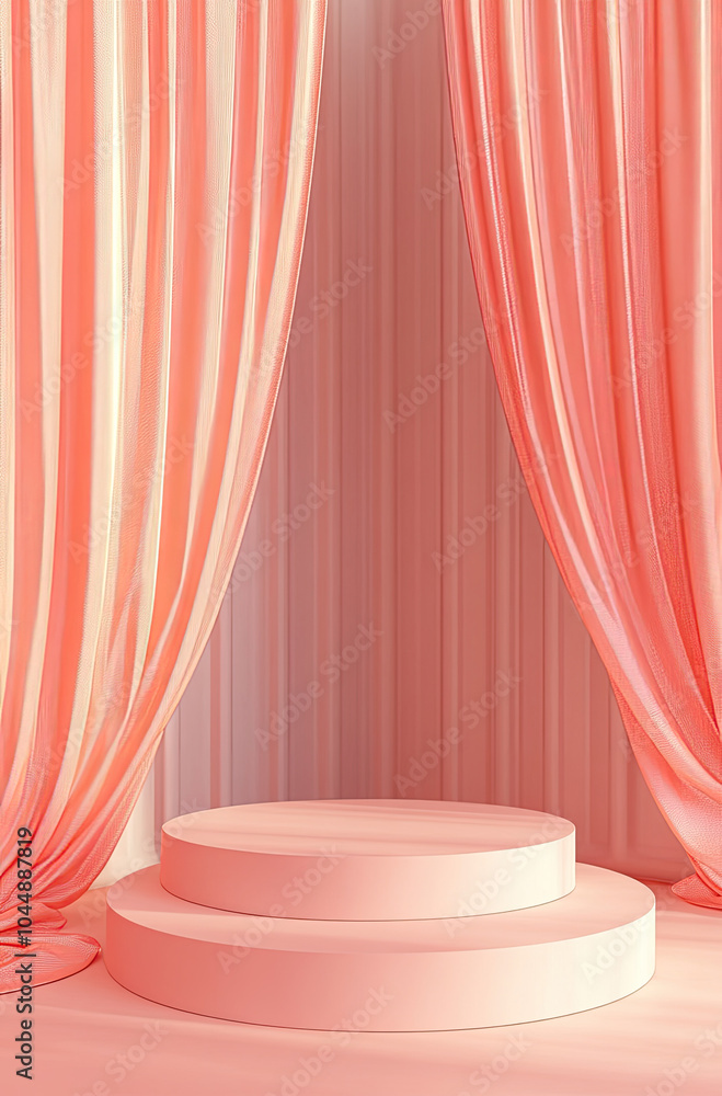 Bold and Vibrant 3D Rendered Podium with Coral Pink Satin Curtains for a Striking Presentation Bold and Vibrant 3D Rendered Podium with Coral Pink Satin Curtains for a Striking Presentation