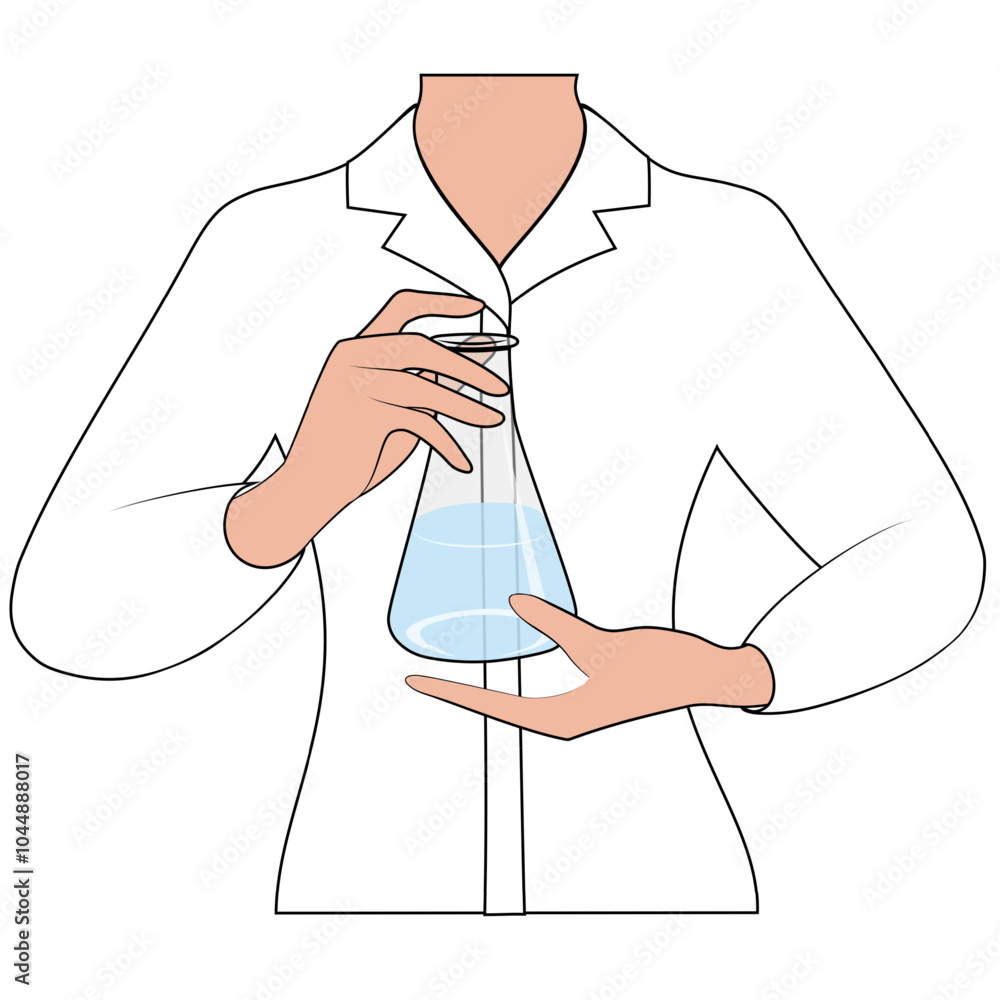 A laboratory assistant in a white coat holds a flask of liquid, close up. Chemical, biological research A laboratory assistant in a white coat holds a flask of liquid, close up. Chemical, biological research