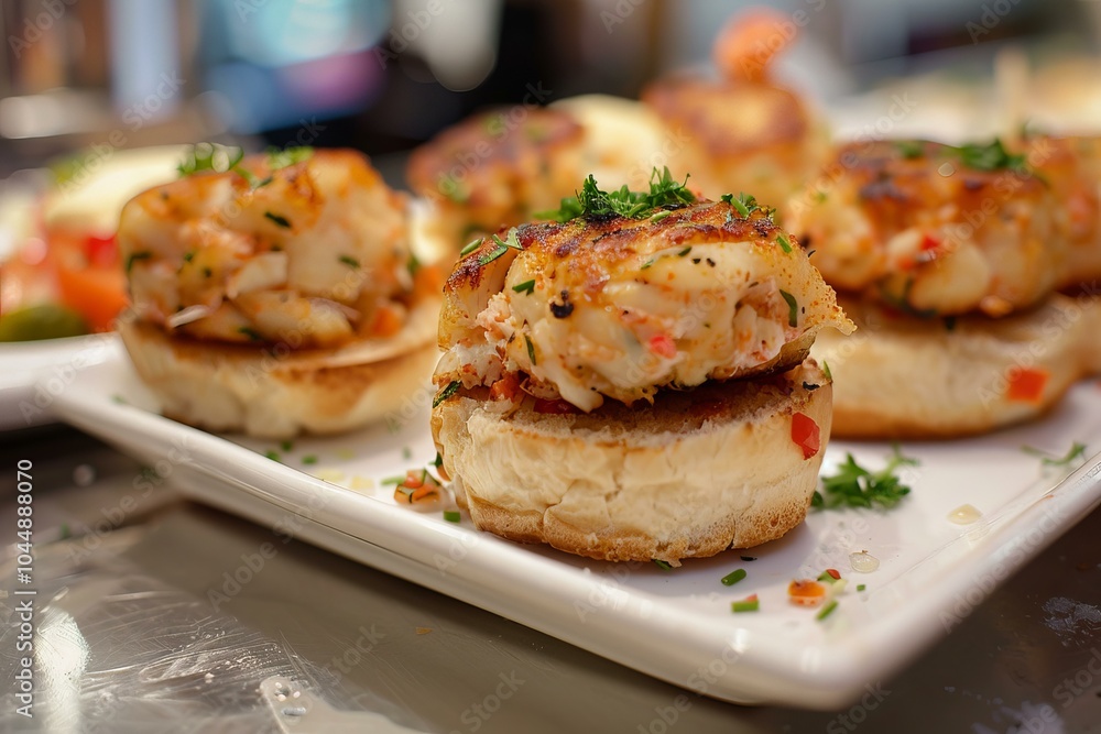 Crab cake sliders topped with fresh herbs are being served on toasted brioche buns in this close up image Crab cake sliders topped with fresh herbs are being served on toasted brioche buns in this close up image
