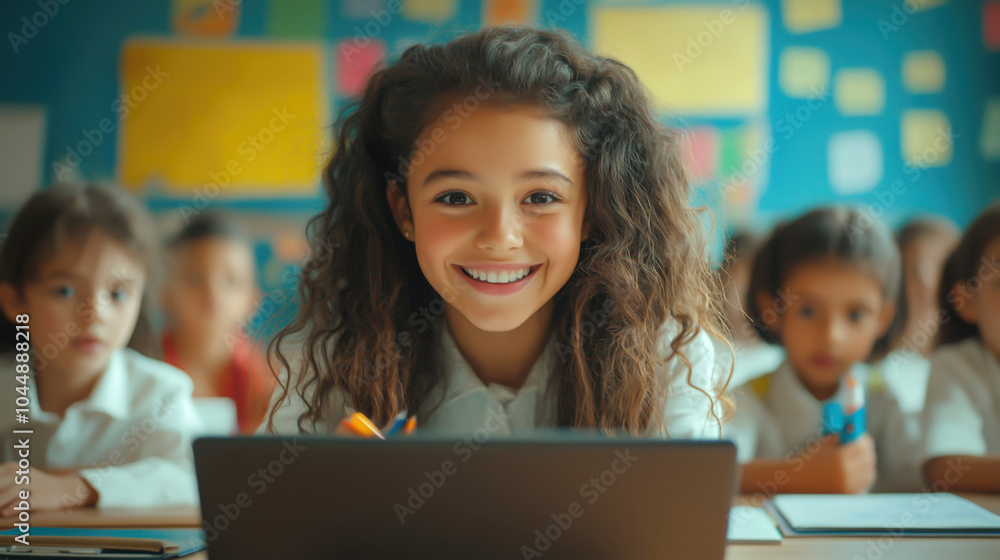 Happy girl using laptop in classroom, smiling at camera. Happy girl using laptop in classroom, smiling at camera.