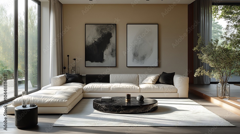 Minimalist living room a sleek white leather sofa black marble coffee table and light pine wood flooring large abstract framed art a geometric white rug and a glass vase with greenery Minimalist living room a sleek white leather sofa black marble coffee table and light pine wood flooring large abstract framed art a geometric white rug and a glass vase with greenery