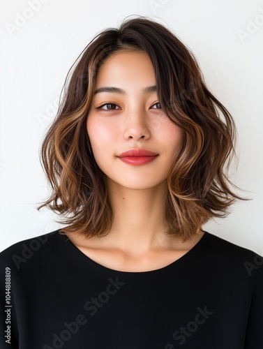 A Japanese woman in her 30s with a balayage hairstyle in natural brown tones, with freshly retouched roots