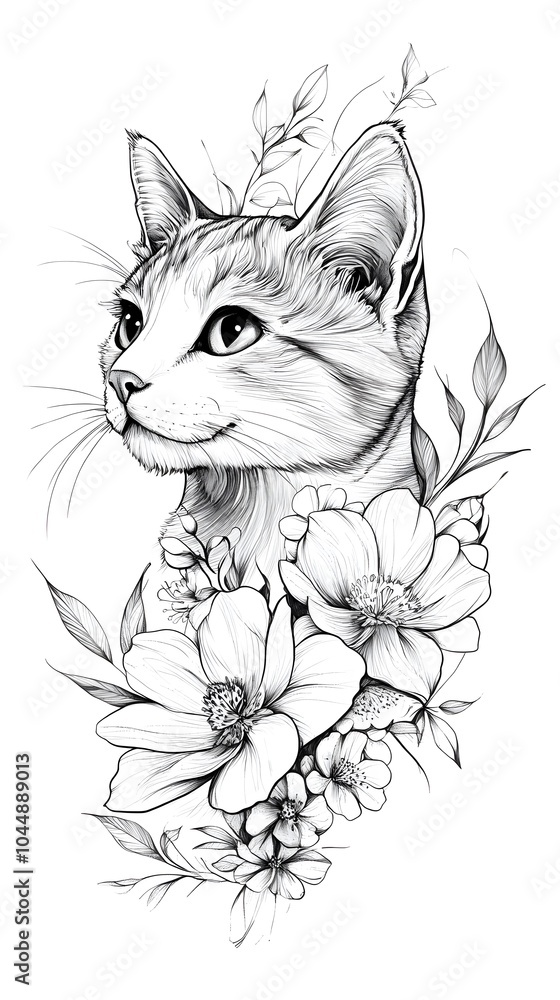 Tattoo design: a cute cat head with flowers around it, in black and white ink on paper, against a white background Tattoo design: a cute cat head with flowers around it, in black and white ink on paper, against a white background