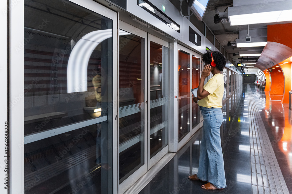 Young woman standing in front of subway at platform while listening music Young woman standing in front of subway at platform while listening music