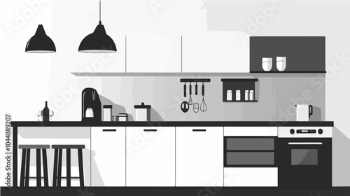 Black and white illustration of a modern kitchen interior.