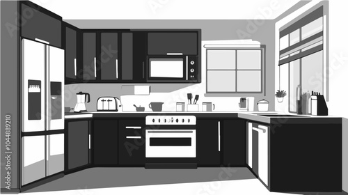 Black and white illustration of a modern kitchen interior.