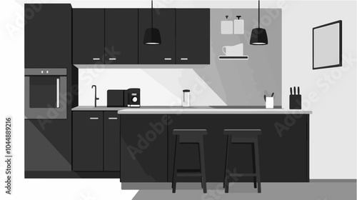 Black and white illustration of a modern kitchen interior.