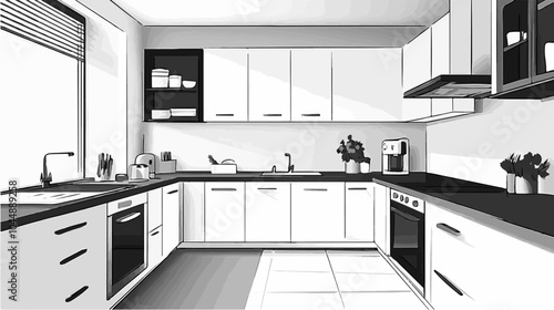 Black and white illustration of a modern kitchen interior.