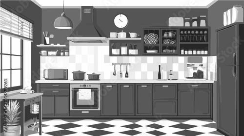 Black and white illustration of a modern kitchen interior.