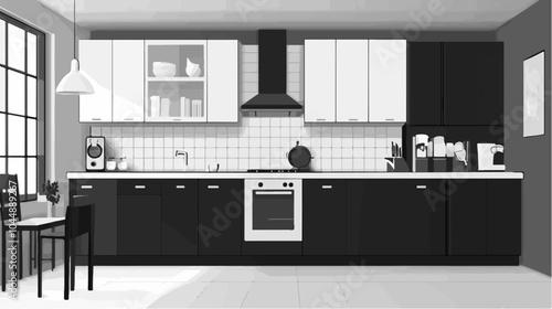 Black and white illustration of a modern kitchen interior.
