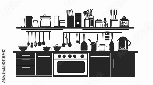 Black and white illustration of a modern kitchen interior.